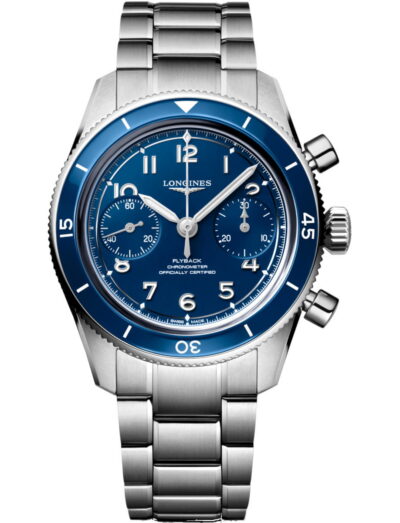Longines wristwatch with stainless steel case and bracelet, ceramic bezel and blue dial. | Feldmar Watch Co. Longines wristwatch with stainless steel case and bracelet, ceramic bezel and blue dial.