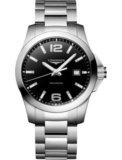 Longines wristwatch with stainless steel case and bracelet and black lacquered dial