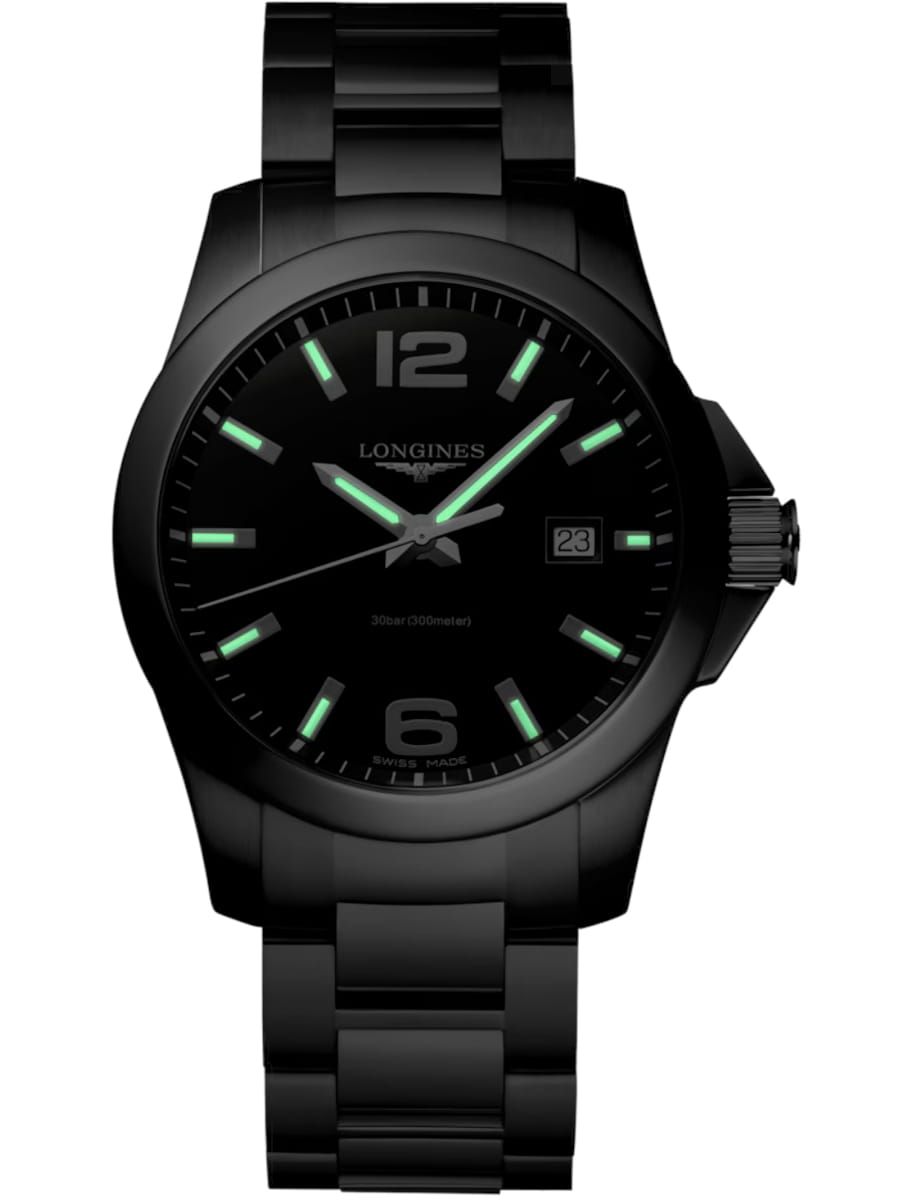 Black Longines wristwatch with a glossy black stainless steel band and glowing green hour markers, date window at 3 o'clock, water resistance label visible.