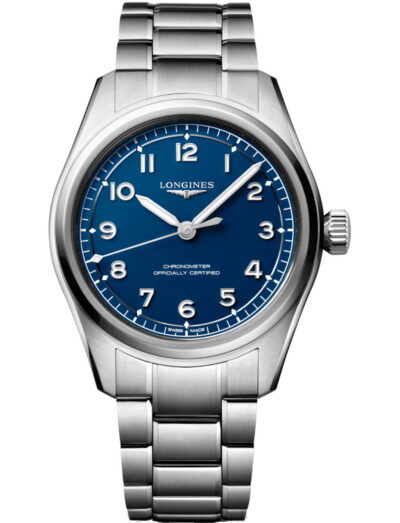 Longines wristwatch with stainless steel case and bracelet, and blue dial.
