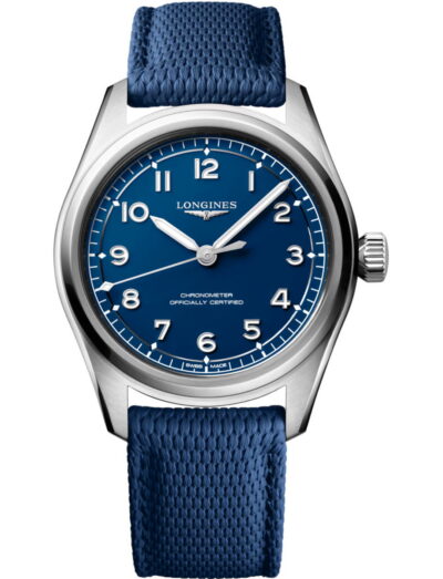 Longines wristwatch with blue dial, stainless steel case, and blue fabric strap; chronometer certified.