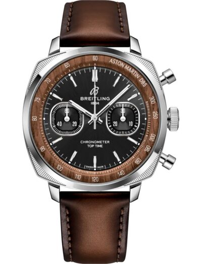 Breitling wristwatch with stainless steel & platinum case, black dial and calfskin leather strap