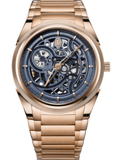 Parmigiani Fleurier rose-gold skeleton wristwatch with an exposed Milano blue movement and a matching rose-gold bracelet.Visible gears and cogs create a high-end luxury look (informative).