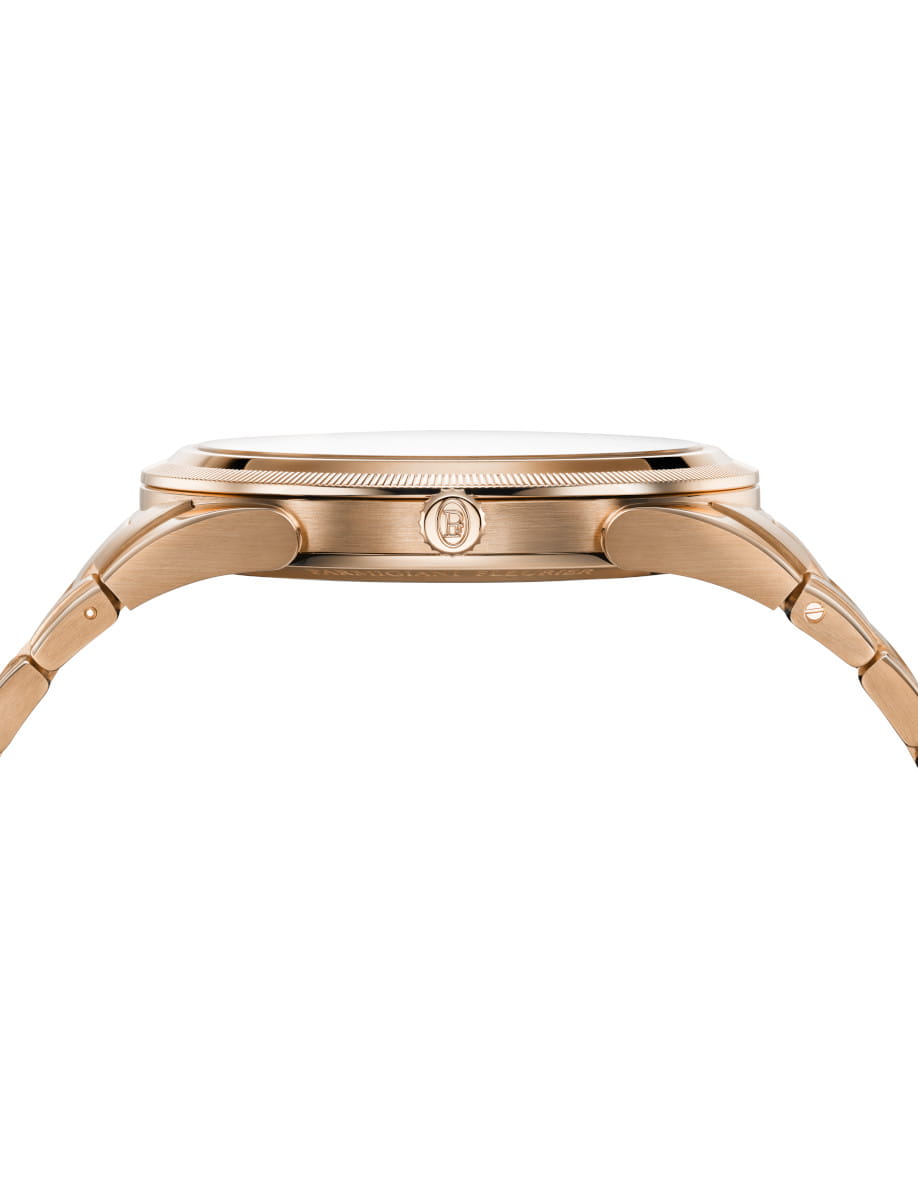 Side view of a Parmigiani Fleurier rose-gold wristwatch with a brushed case, crown, and linked bracelet.