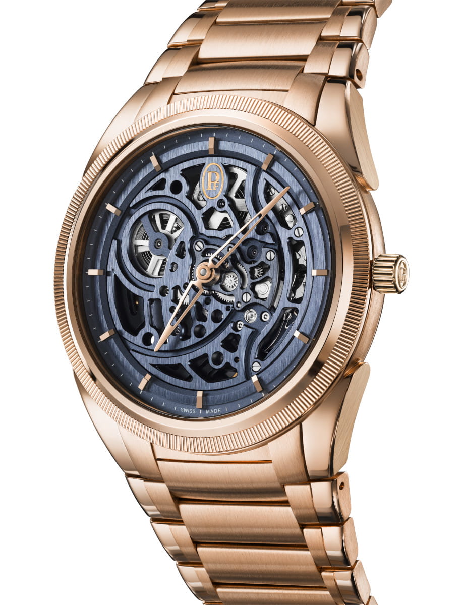 Side view of a Parmigiani Fleurier rose-gold wristwatch with a brushed case, crown, and linked bracelet.