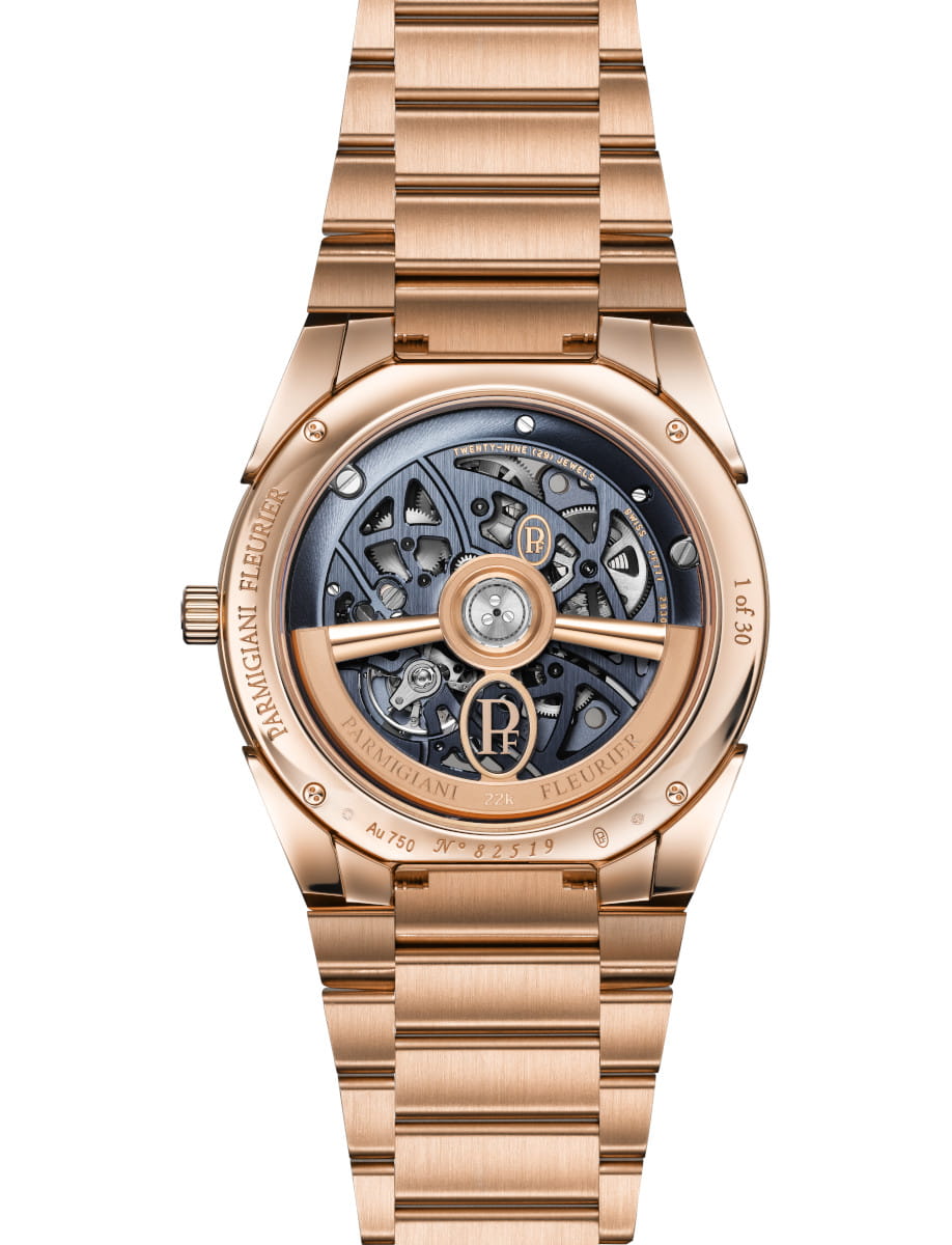 Parmigiani Fleurier rose gold wristwatch with an open case back revealing the intricate mechanical movement and rotor; limited edition, 1 of 30
