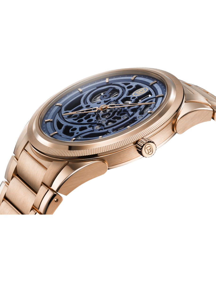 Side view of a Parmigiani Fleurier rose-gold wristwatch with a brushed case, crown, and linked bracelet.