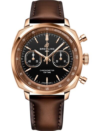 Breitling wristwatch with 18k red gold case, black dial and calfskin leather strap