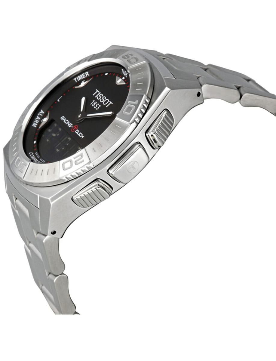 Silver Tissot sport watch with stainless steel case and bracelet, black dial viewed at an angle showing side buttons and crown.