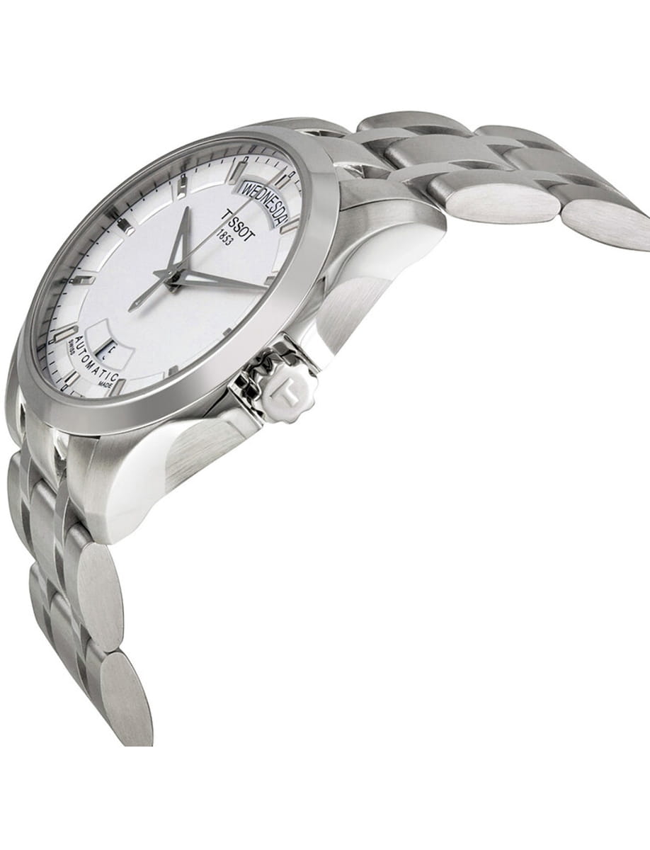 Side view of Tissot wristwatch with stainless steel case and bracelet and silver dial