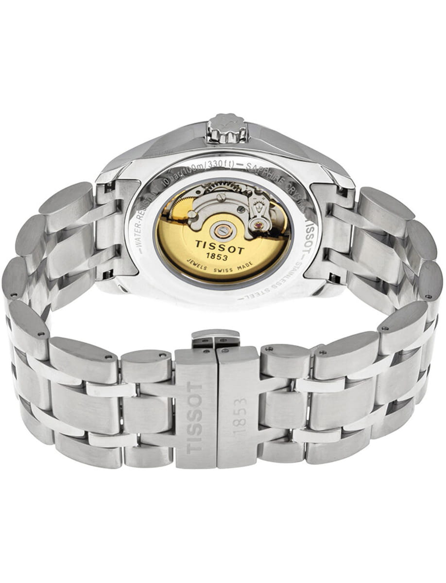 Back view Tissot wristwatch with stainless steel case and bracelet and silver dial