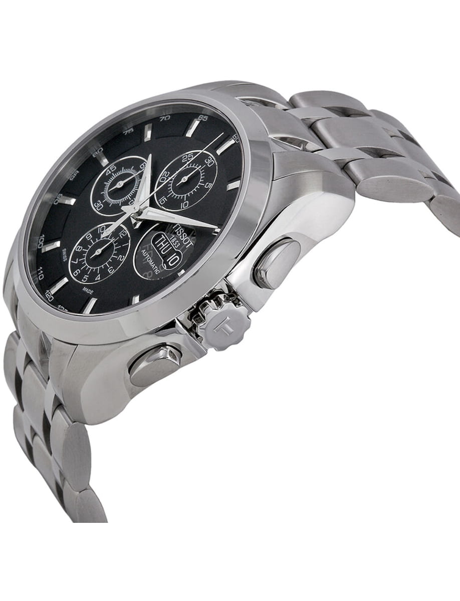 Stainless steel chronograph wristwatch with a black dial and multiple subdials on a metal bracelet, angled view.
