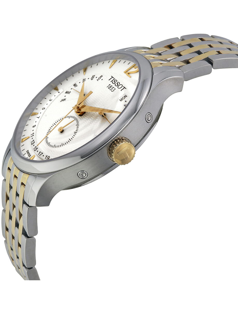 Two-tone stainless steel wristwatch with white dial and gold hour markers and hands.