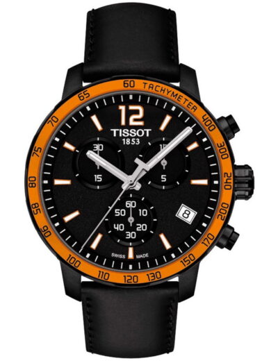 Tissot wristwatch with stainless steel case, black dial and black leather strap