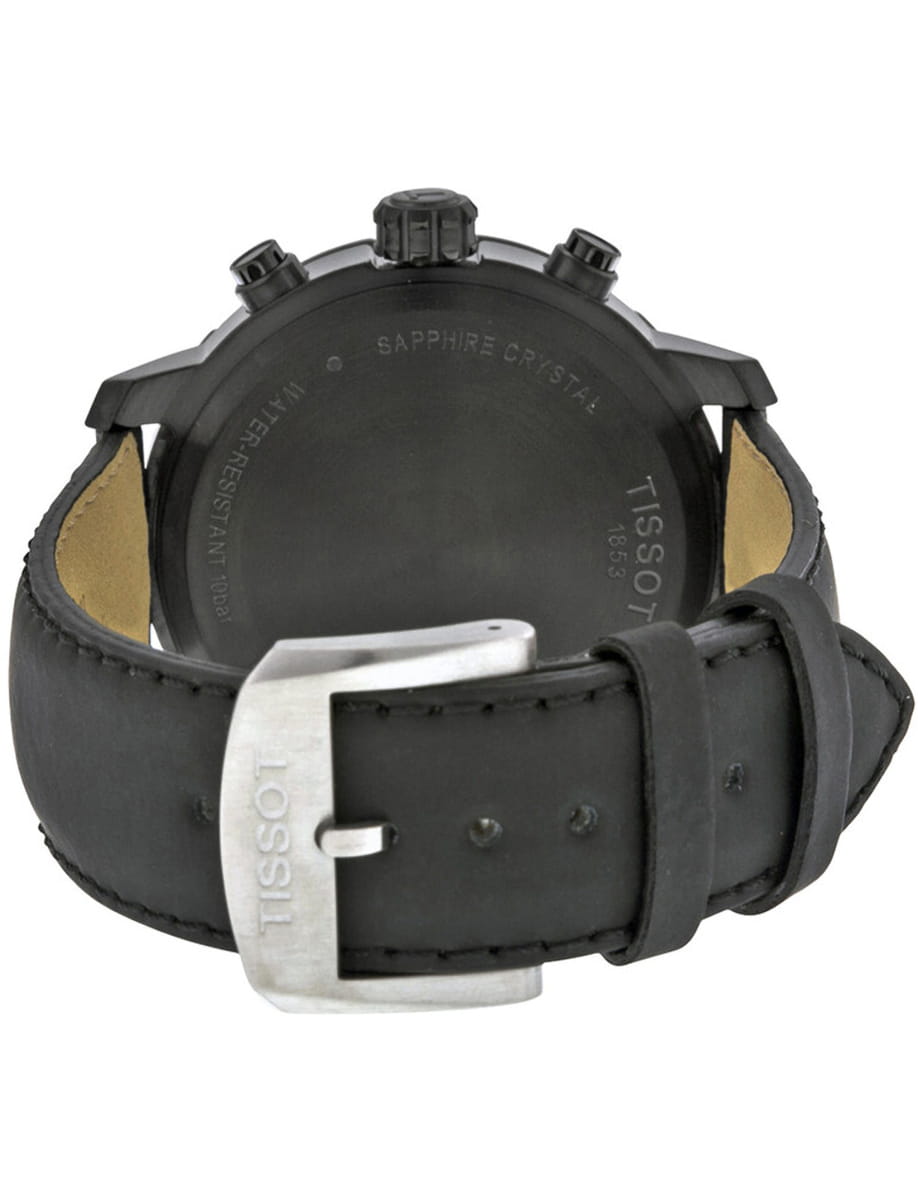 Back view of a black Tissot watch with a leather strap and silver buckle.