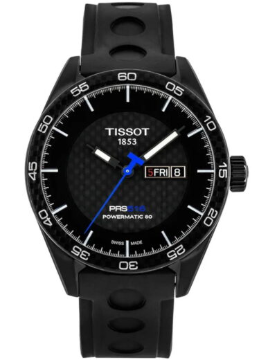 Tissot wristwatch with stainless steel case, black dial and black rubber strap