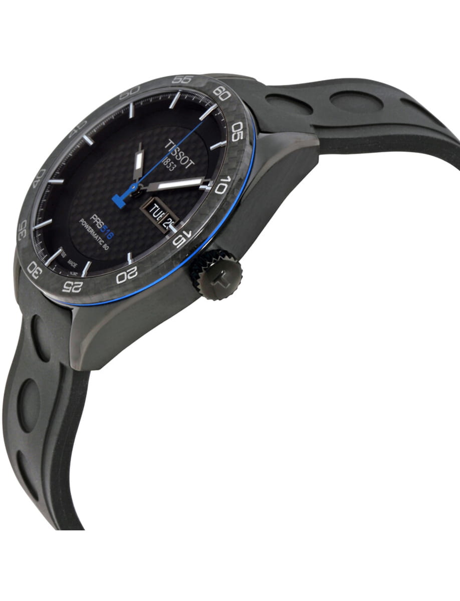 Black sports wristwatch with a textured dark dial, blue accents, and a black rubber strap.