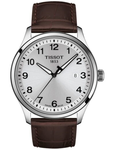 Tissot wristwatch with stainless steel case, silver dial and brown leather strap