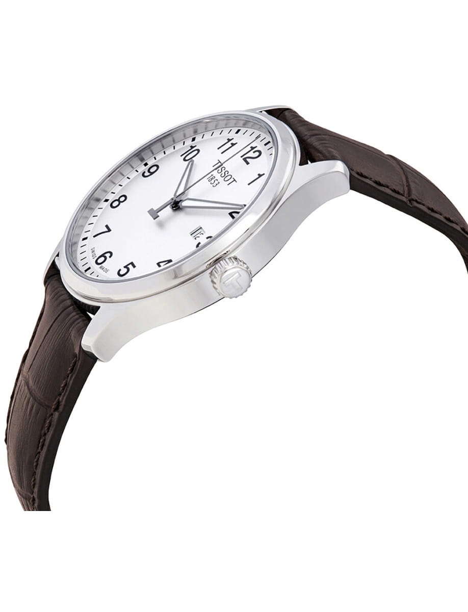Elegant wristwatch with a white dial, silver case, and brown leather strap.