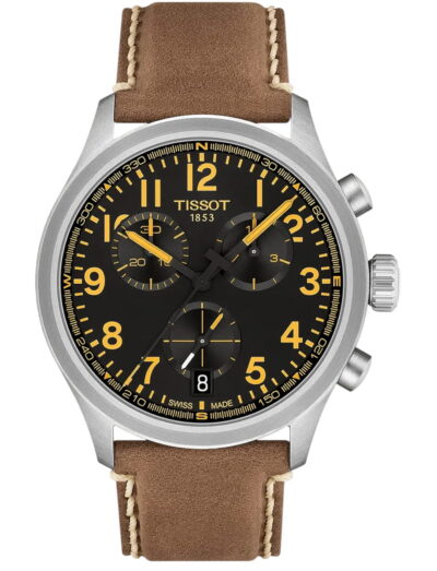 Tissot wristwatch with stainless steel case, black dial and brown leather strap