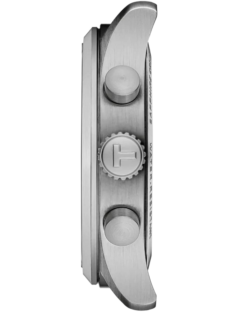 Side view of a stainless steel wristwatch case showing the crown with an 'H' logo and two pushers on the right side.