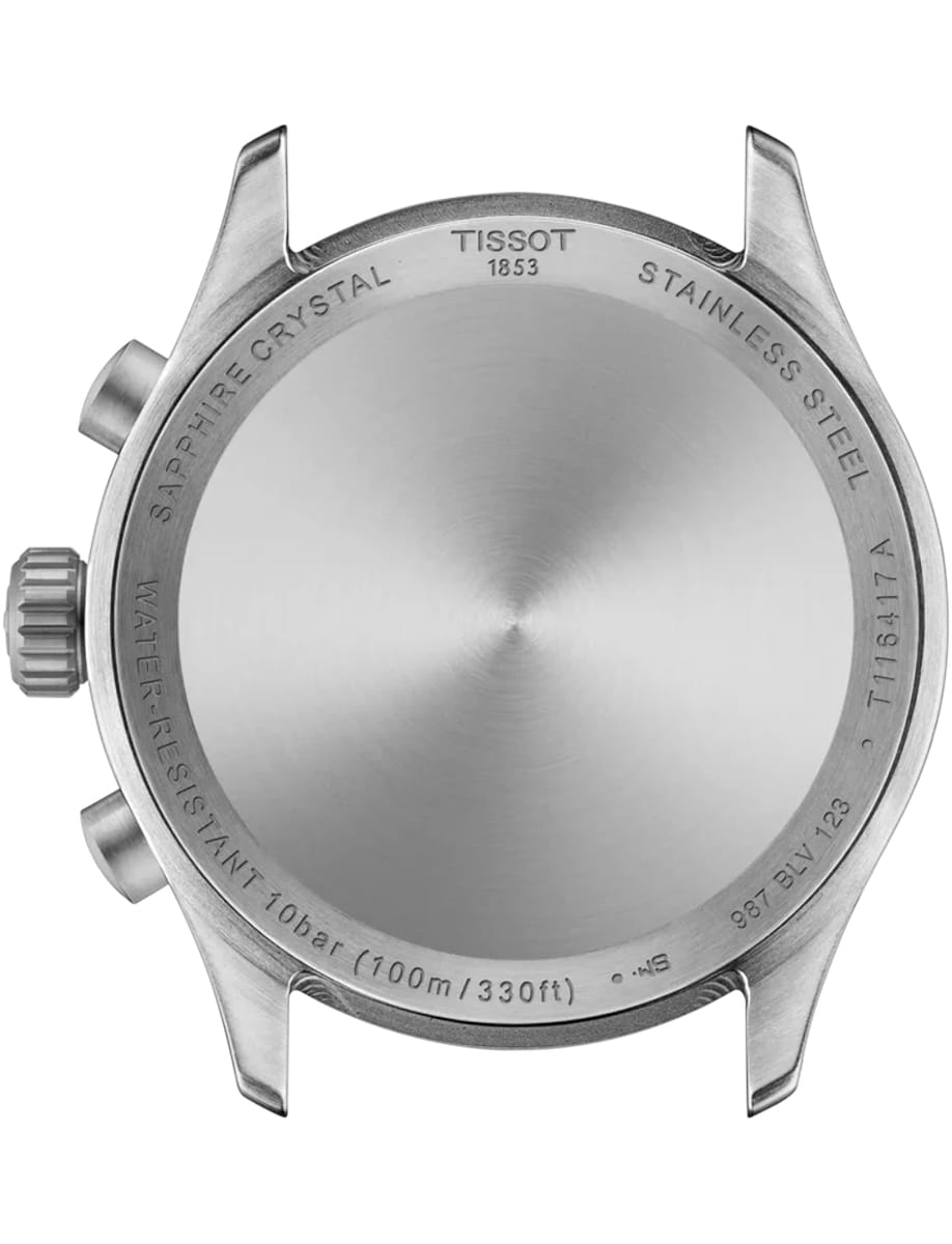 Back of a stainless steel Tissot watch case with crown on the left; engravings read TISSOT 1853, SAPPHIRE CRYSTAL, STAINLESS STEEL, WATER-RESISTANT 10 bar (100m/330ft).