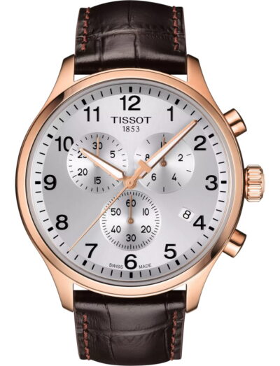 Tissot wristwatch with stainless steel case, silver dial and leather strap