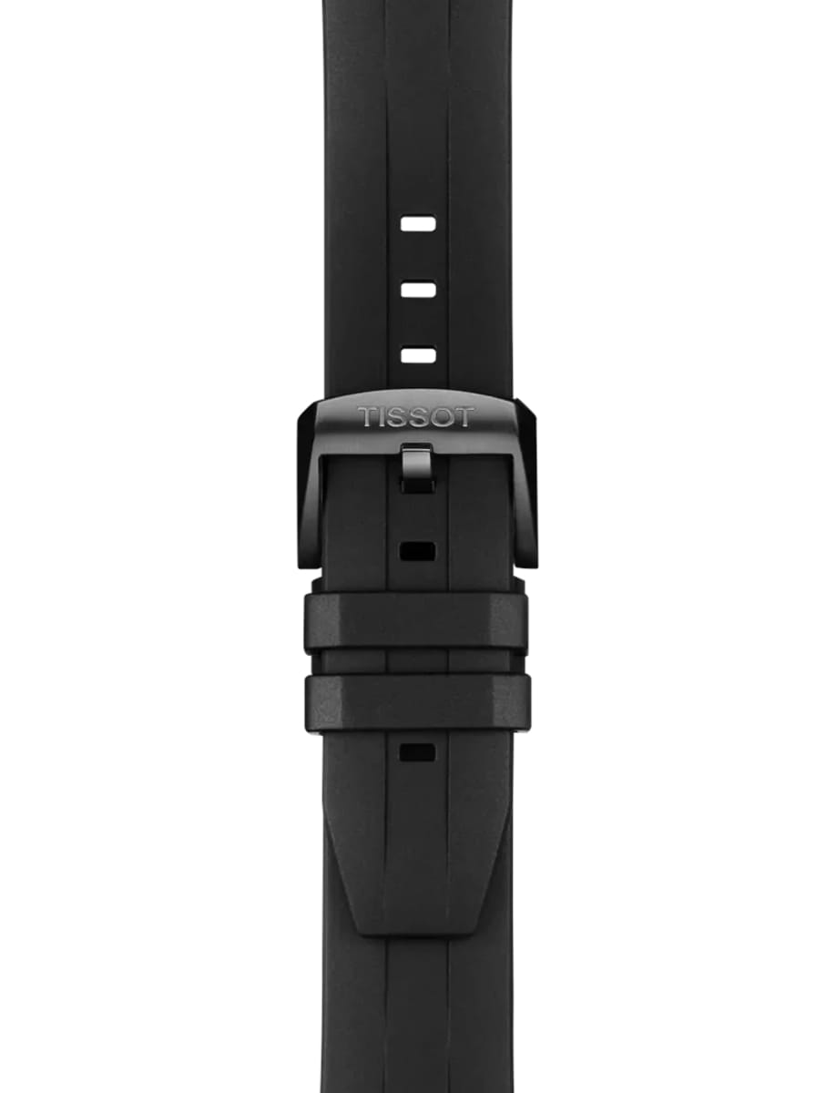 Close-up of a black Tissot watch strap with a deployment clasp and three visible adjustment holes on the band.