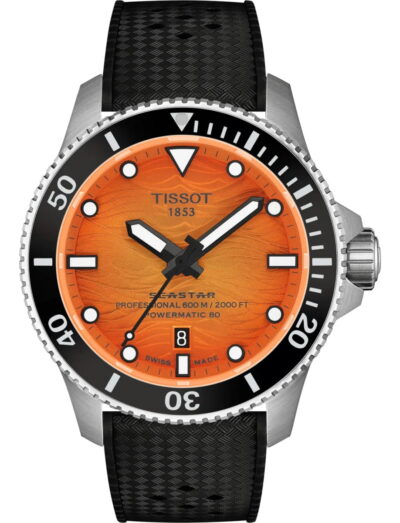 Tissot wristwatch with stainless steel case, orange dial and black rubber strap