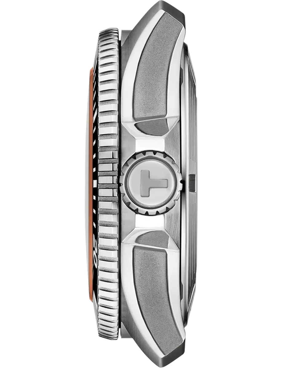 Side view of a silver wristwatch with a knurled crown and rugged bevel, highlighting the metal case and textured details.