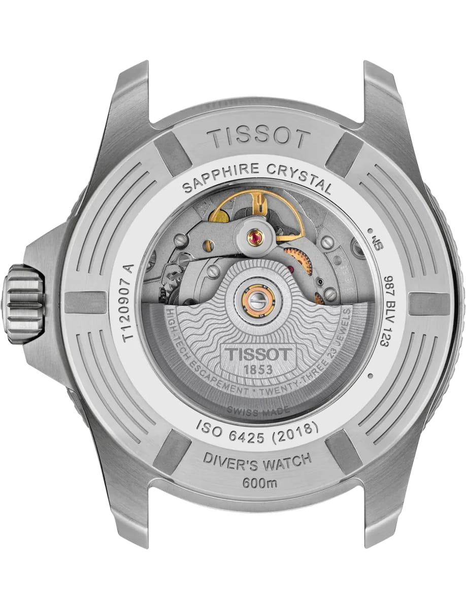 Back view of a Tissot diver's watch showing the automatic movement with rotor and sapphire crystal inscription, displaying text like 'TISSOT 1853' and 'DIVER'S WATCH 600m'