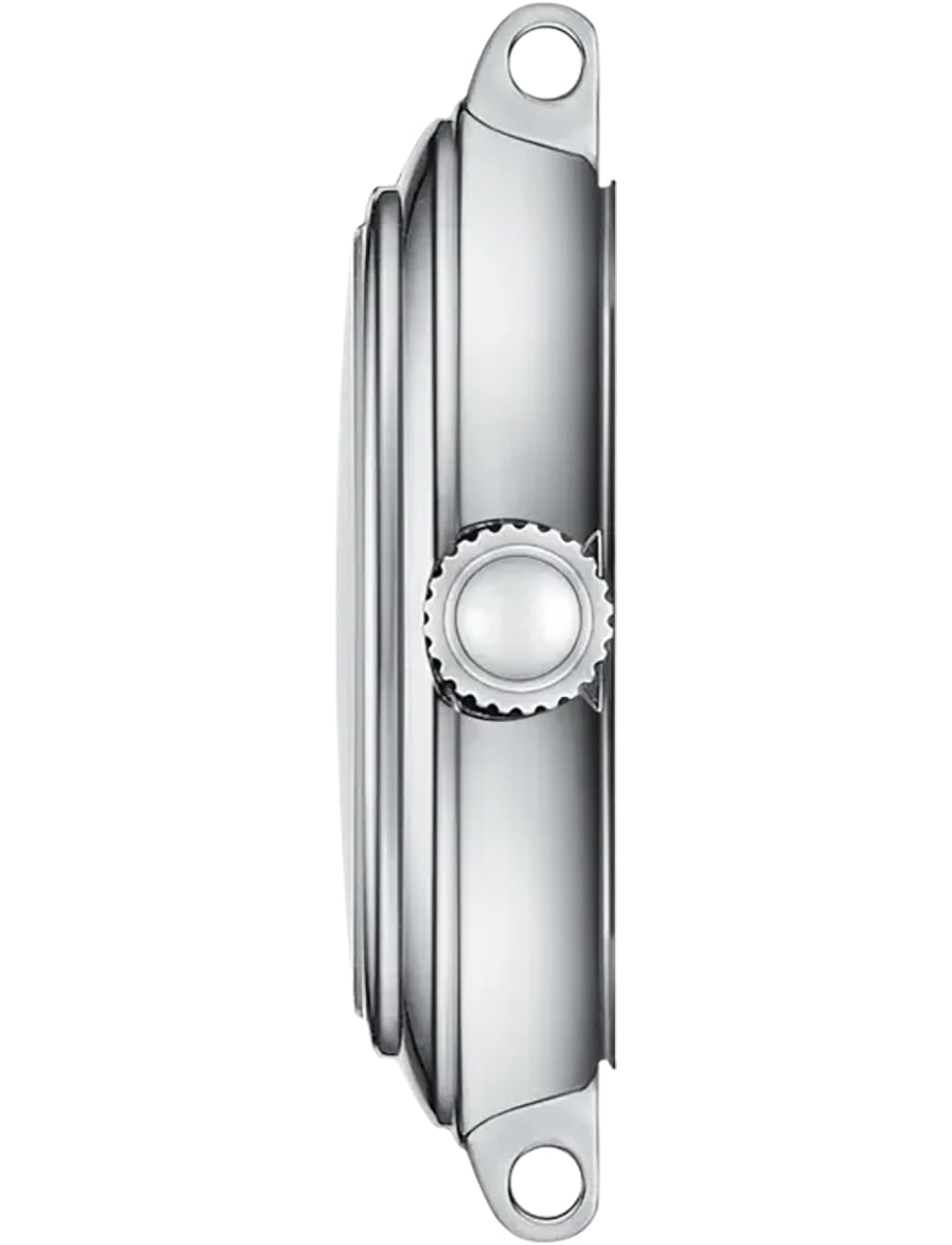 Side view of a chrome, multi-layered, adjustable knob with a serrated ring in the center, featuring mounting holes at the top and bottom.