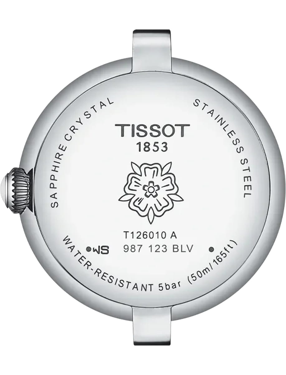 Back view of Tissot wristwatch with stainless steel case and bracelet and blue mother of pearl dial