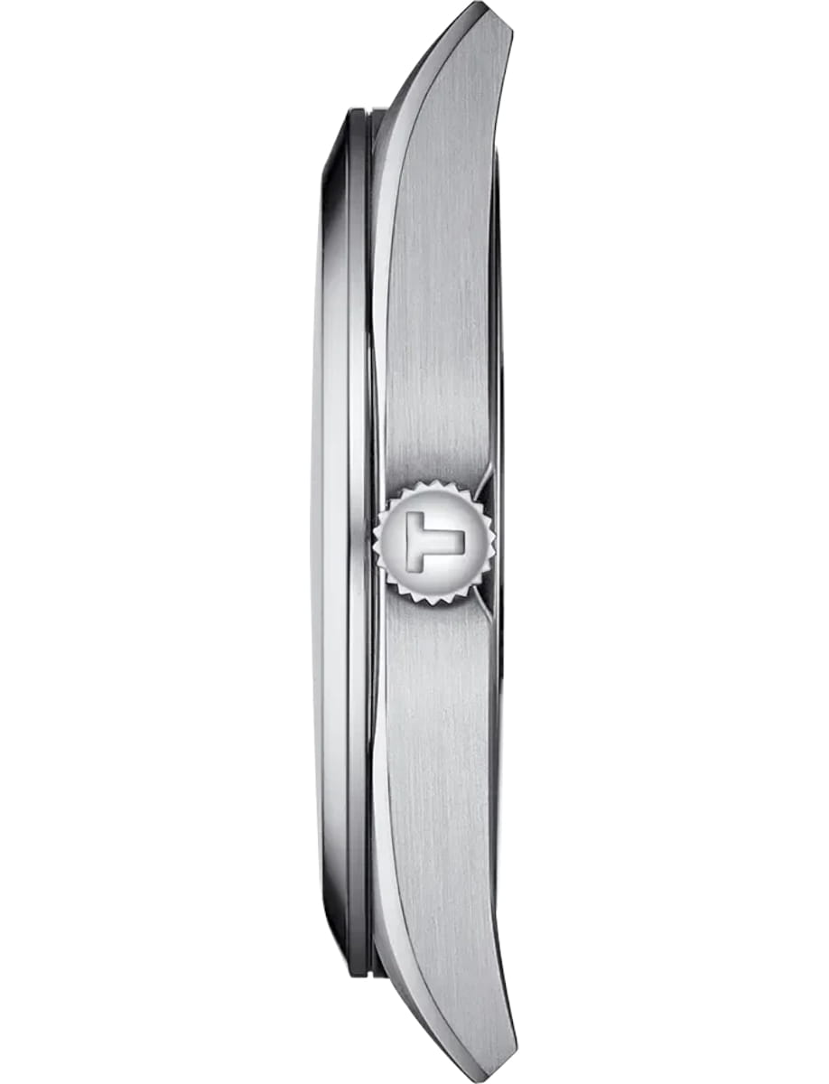 Side view of a silver stainless steel wristwatch, showing the ridged crown protruding from the case.