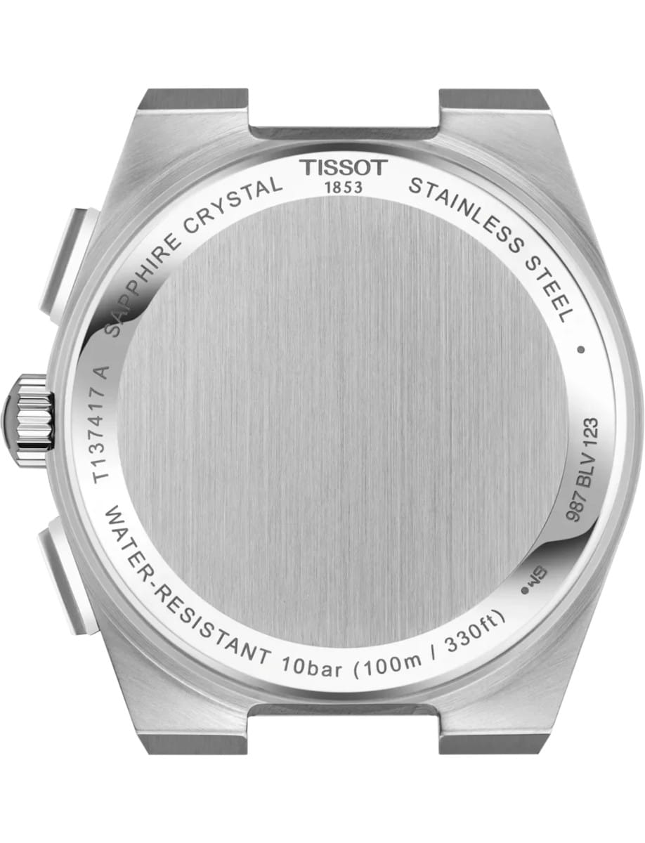 Back of a stainless steel Tissot watch; engravings read 'TISSOT 1853', 'SAPPHIRE CRYSTAL', 'WATER-RESISTANT 10bar (100m/330ft)'