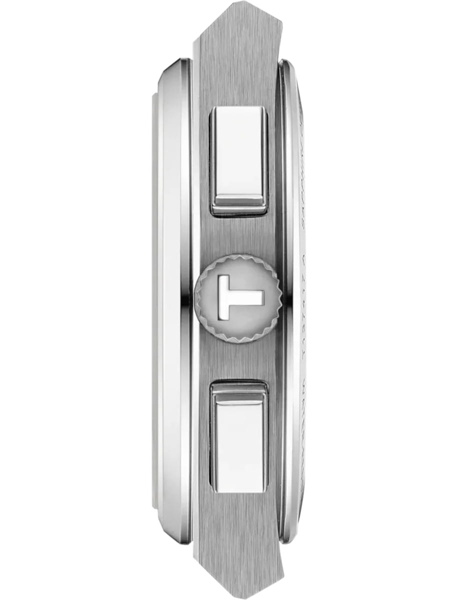 Side view of a Tissot PRX stainless steel watch case showing the crown and two rectangular pushers on the right side of the case.