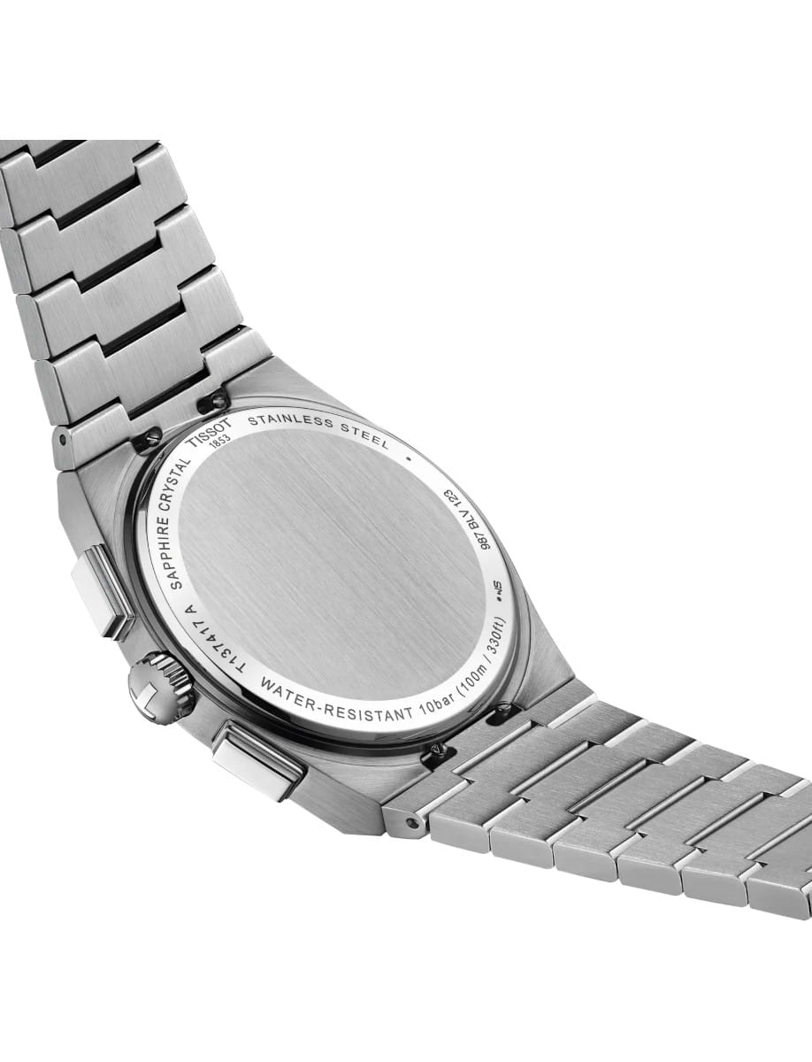 Stainless steel wristwatch shown from the back with a metal link bracelet; case back mentions water resistance and sapphire crystal.