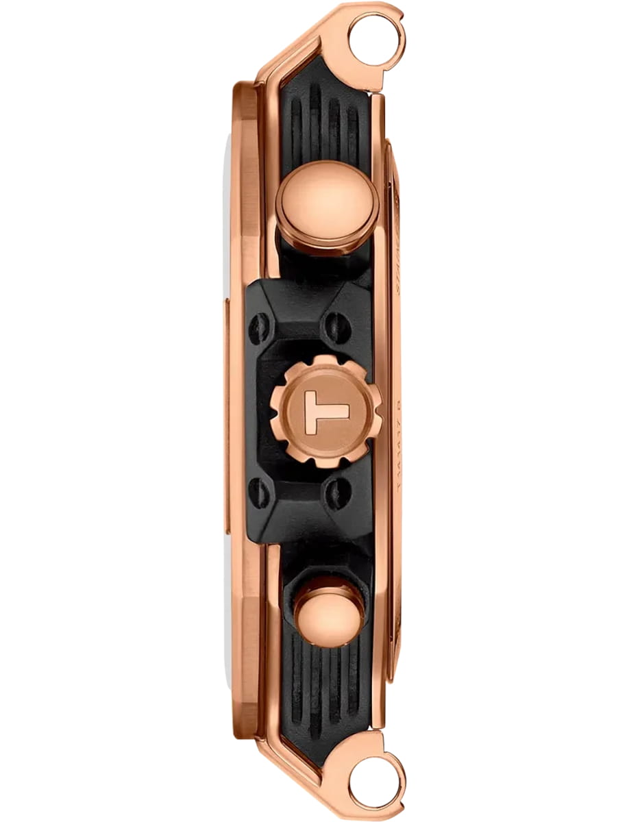 Side view of a rose-gold luxury watch with black detailing and a knurled crown