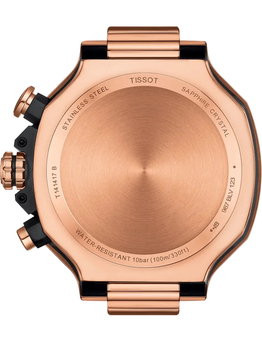 Rose gold-tone stainless steel back of a Tissot watch with engravings about sapphire crystal and 10 bar water resistance (100m/330ft).