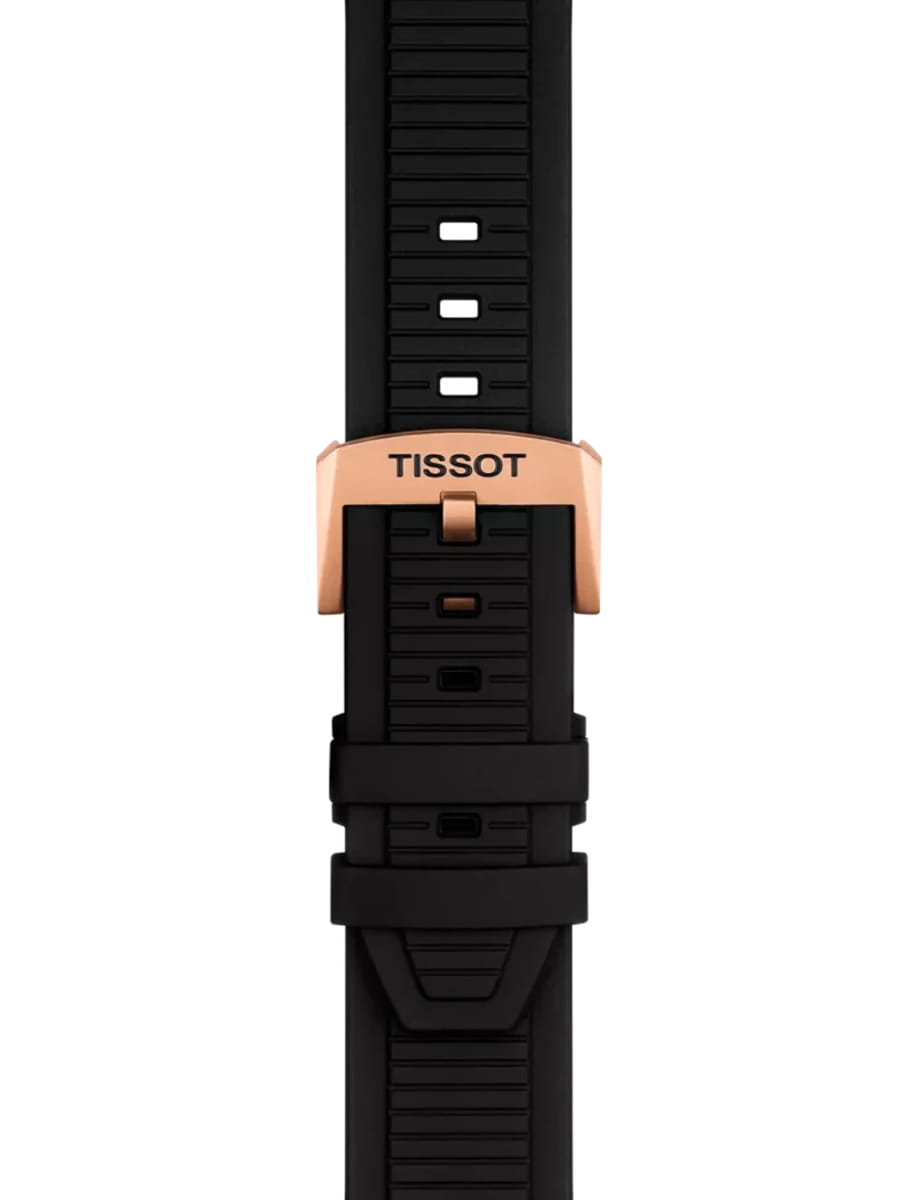 Black silicone Tissot watch strap with a rose-gold deployment clasp