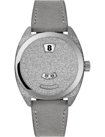 Stainless steel wristwatch with a gray leather strap, display showing 8 in a small window and a minute window below, Bremont branding nearby.