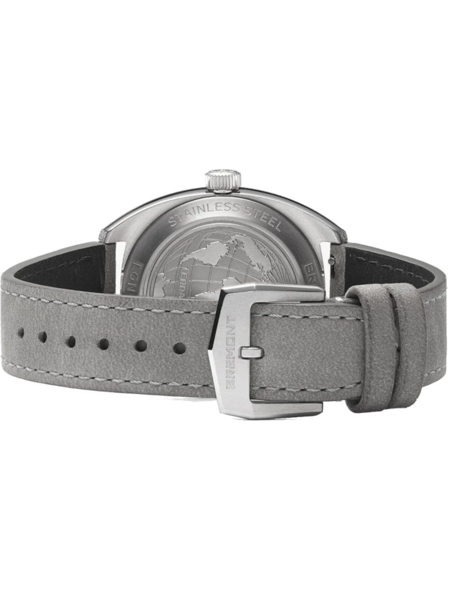Back view of a stainless steel wristwatch with a grey suede leather strap and a steel pin buckle.