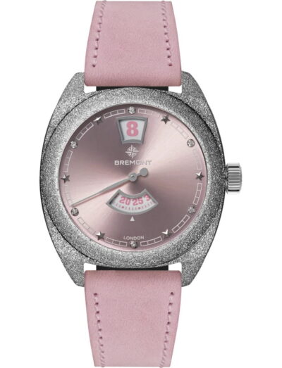Pink dial Bremont wristwatch with a glittery stainless steel case and pink leather strap.
