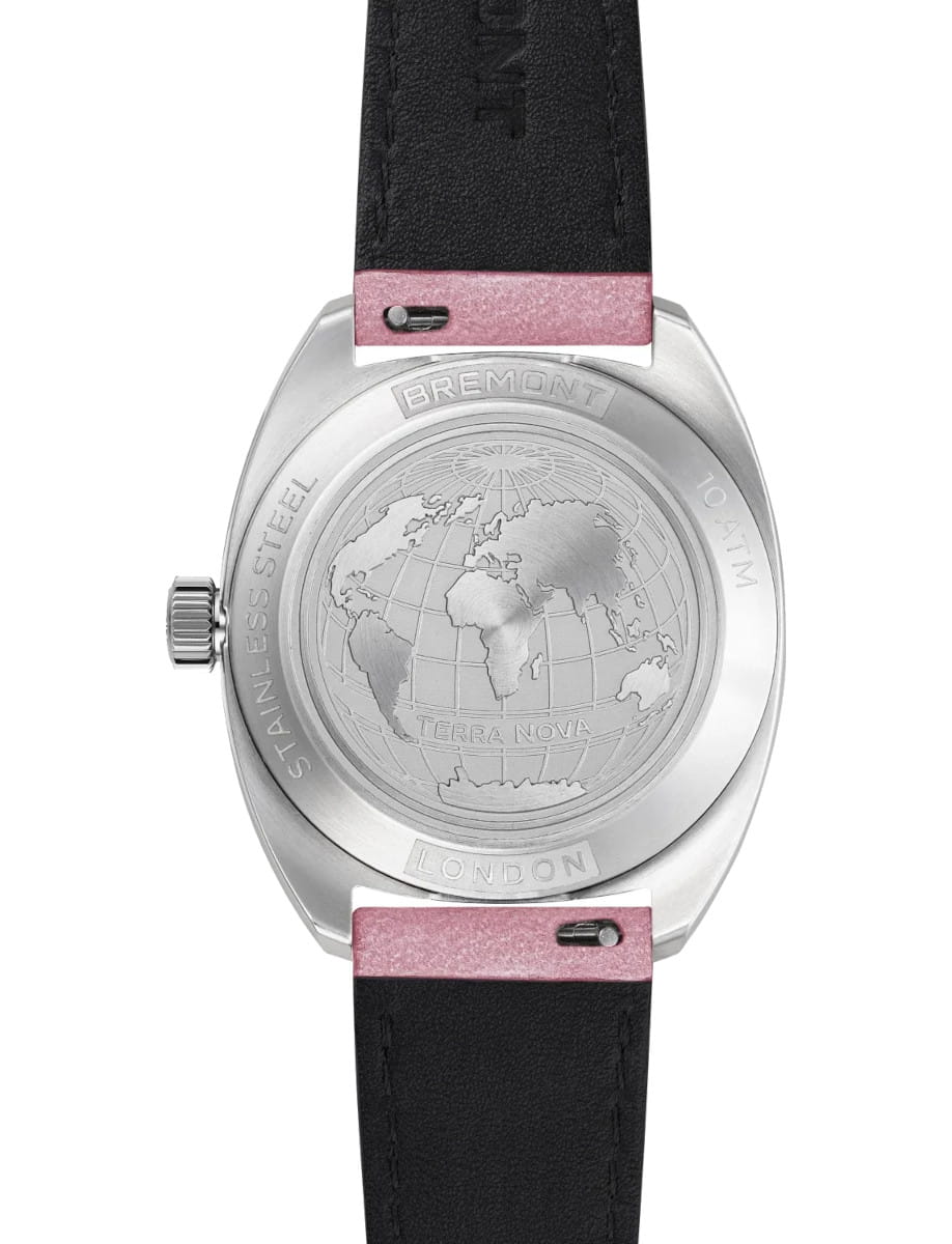 Stainless steel case back of Bremont Terra Nova watch with a world map engraving.