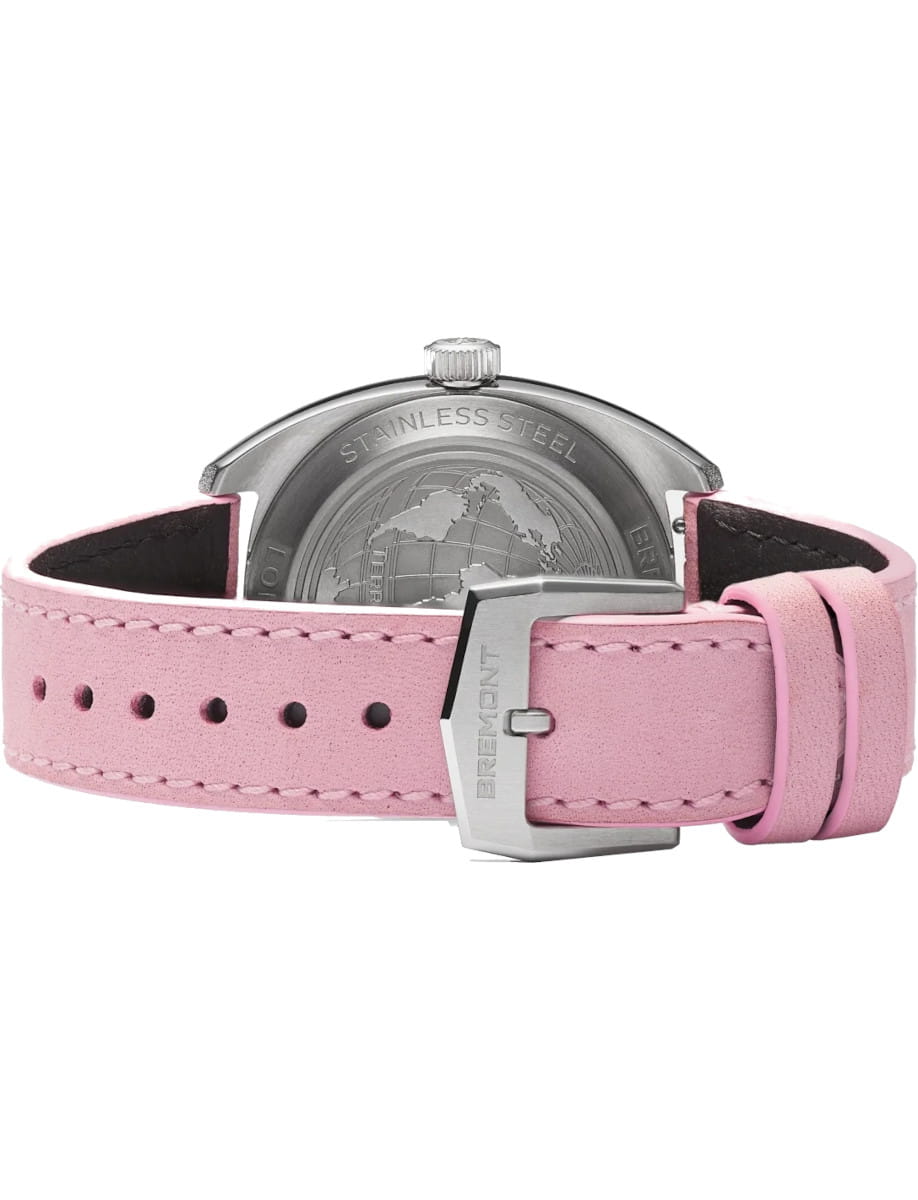 Back view of a stainless steel wristwatch with a pink leather strap and steel buckle; engraved case back visible.
