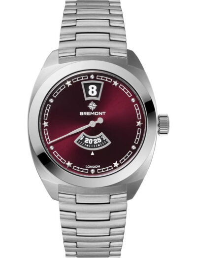 Bremont wristwatch with a burgundy sunray dial, stainless steel case and bracelet.
