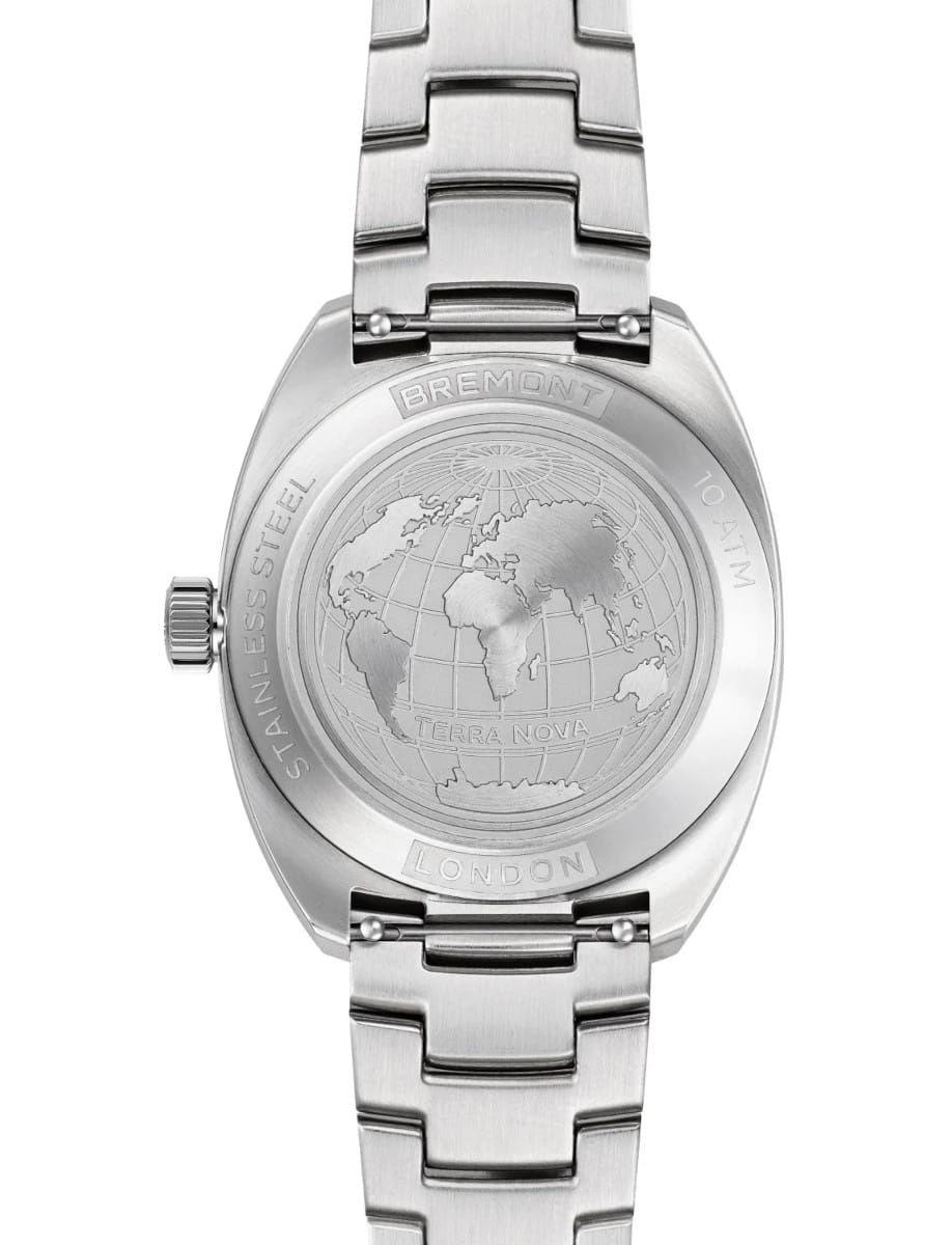 Back of a stainless steel Bremont watch, engraved globe map with 'TERRA NOVA' and 'LONDON' inscriptions, stainless steel bracelet