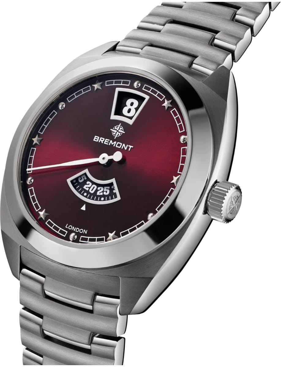Bremont Terra Nova wristwatch with a burgundy dial, stainless steel case and bracelet.