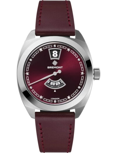 Bremont wristwatch with a burgundy sunray dial, stainless steel case, and burgundy leather strap.