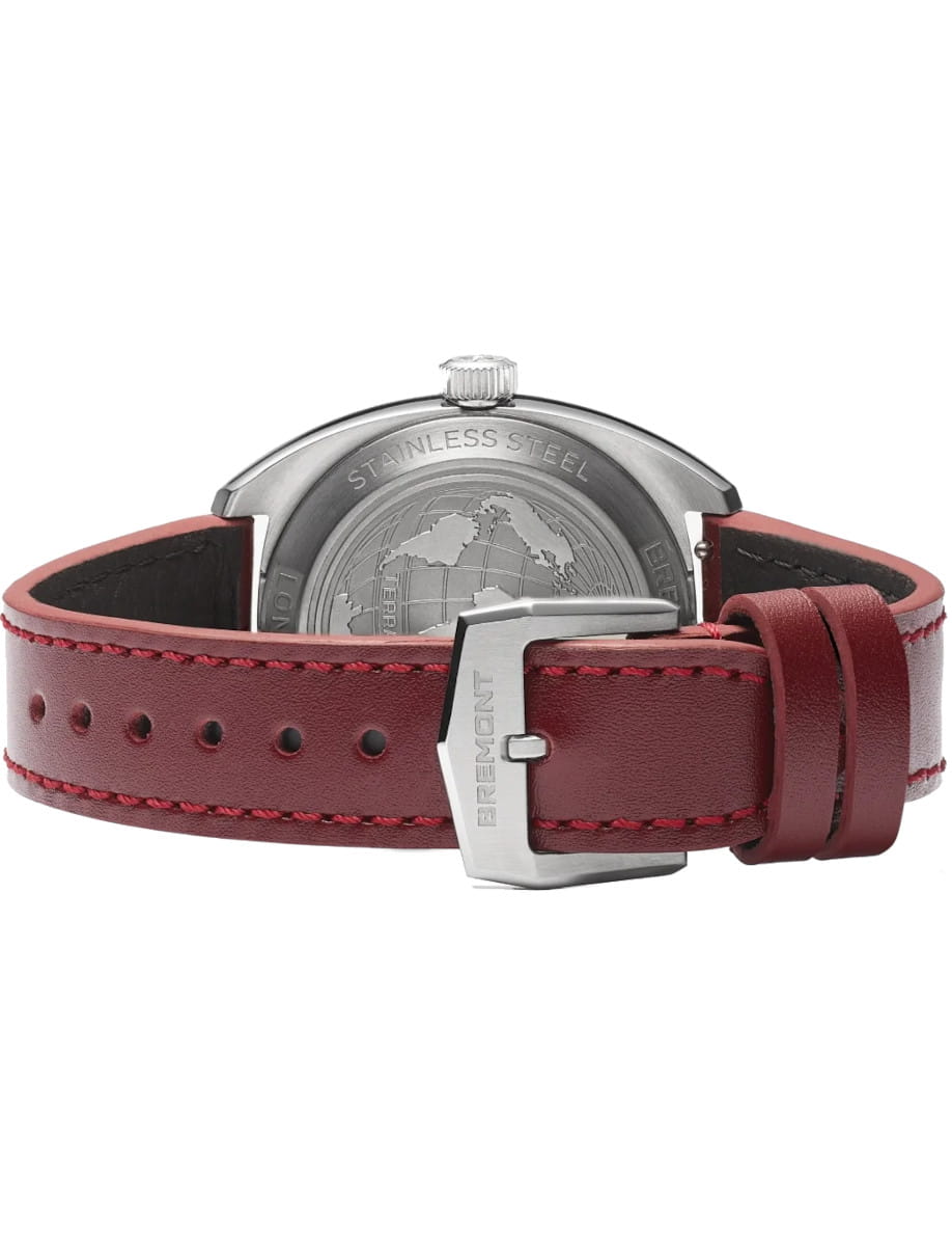 Back view of a Bremont stainless steel wristwatch with a burgundy leather strap and a Bremont buckle